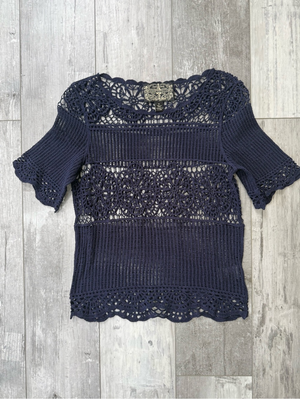 Anthropologie James Coviello Janice Crochet Lace Top Navy Blue XS 100% Cotton
